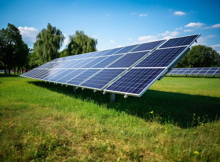 Solar panels in a field with a clear blue sky and trees in the background. Green energy and renewable resources conceptの素材