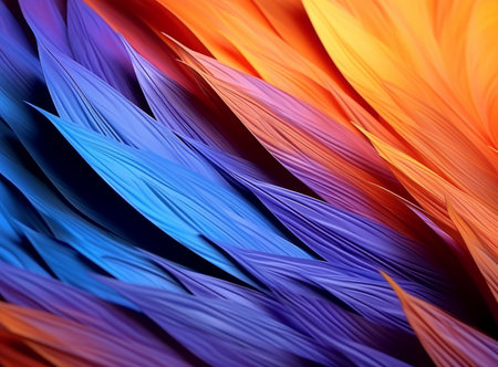 Abstraction. Close-up of a colorful feather-like texture with a gradient from blue to orange.の素材