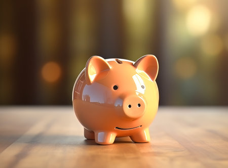 Smiling pink piggy bank on a wooden surface with a blurred background. Concept of saving money and investing for the futureの素材