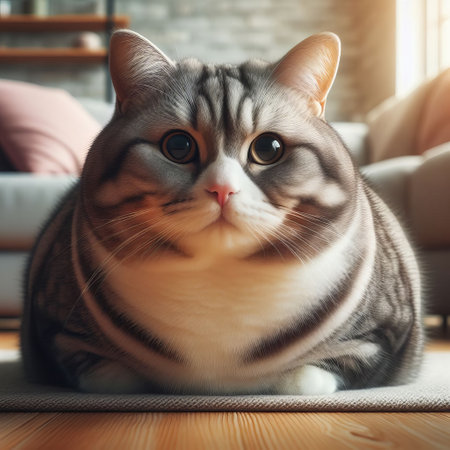 A cozy cat, with its face blurred, lounges on a rug in a stylish living roomの素材