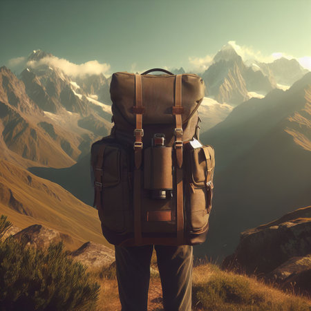 A backpacker stands on a mountain ridge, taking in the breathtaking view of the surrounding mountainsの素材