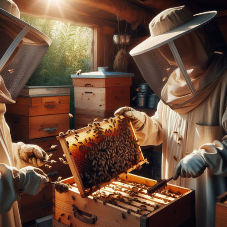 Beekeepers in protective gear are inspecting a honeycomb frame from a wooden beehiveの素材