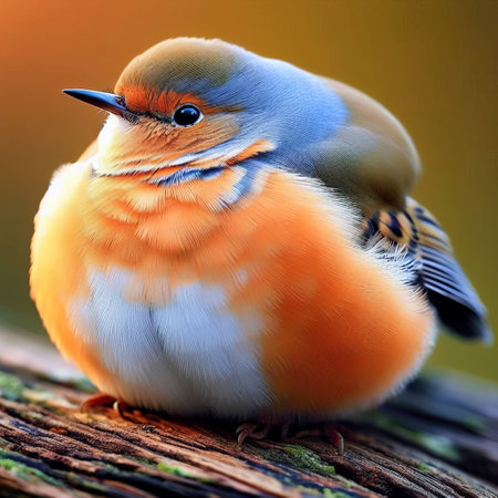 A small ruffled bird with vibrant orange and blue feathers perches on a branch - close-up viewの素材