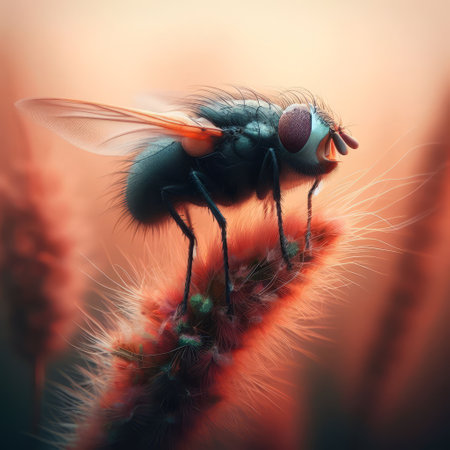 A fly with a blue body and orange legs rests on a fuzzy red plant - close-up view with a blurred backgroundの素材