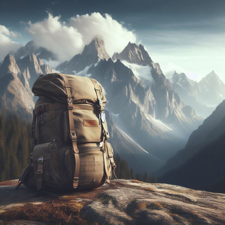A backpack on a rock against a backdrop of majestic mountains and cloudy skies, evoking a sense of adventureの素材