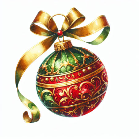 Vibrant, detailed illustration of a decorated Christmas ornament with a golden ribbon, isolated on a white background - oil paintingの素材