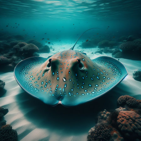 Vibrant underwater scene featuring a spotted stingray amidst serene ocean flora, illuminated by soft natural lightの素材