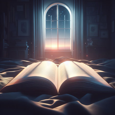Open book on a cozy bed, with a window revealing a stunning sunrise or sunset in the backgroundの素材
