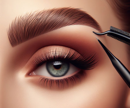 Close-up of a woman s eye applying false eyelashes with tweeters. Profession of eyelash and eyebrow specialistの素材