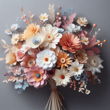 Beautiful bouquet of pastel-colored paper flowers arranged. Handmade, a lot of small detailsの素材