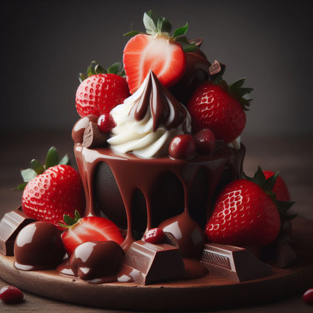 Juicy red strawberries with cream on a dark background on a wooden boardの素材
