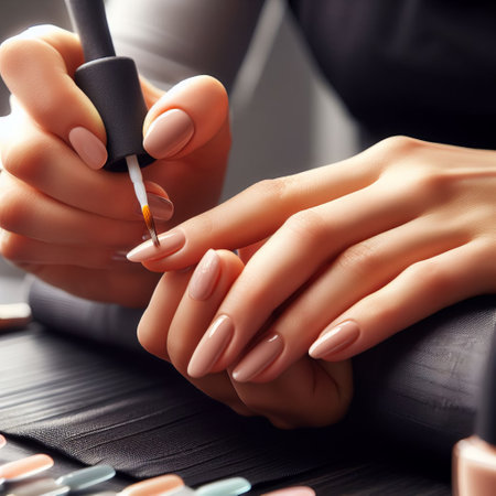 Close-up of a person s hands applying nail polish against a black background. The nail polish brush is in focus. Manicure in the salonの素材