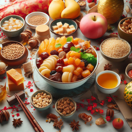 A festive bowl of mixed fruits and nuts on a table, surrounded by various dishes and ingredientsの素材