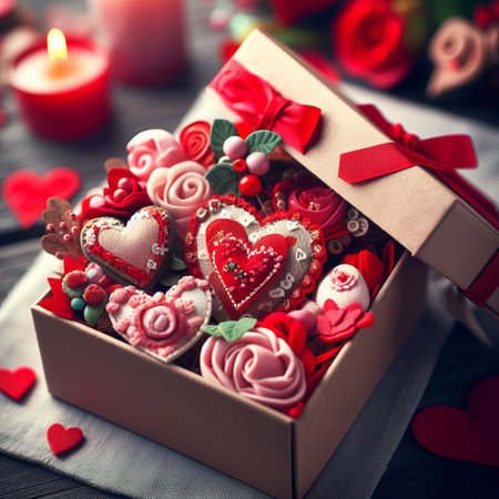 A gift box filled with heart-shaped cookies and roses, tied with a red ribbon, on a table with a candle and more roses. Happy Valentine's Dayの素材