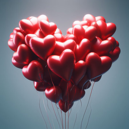 Photo-realistic depiction of a bunch of shiny, red, heart-shaped balloons against a solid blue backgroundの素材