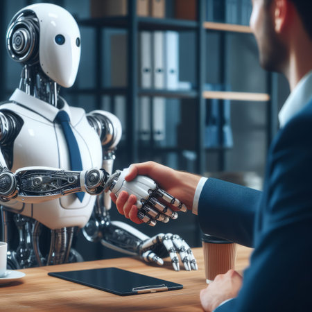 A human and a robot shaking hands in an office, symbolizing AI collaboration and partnership in businessの素材