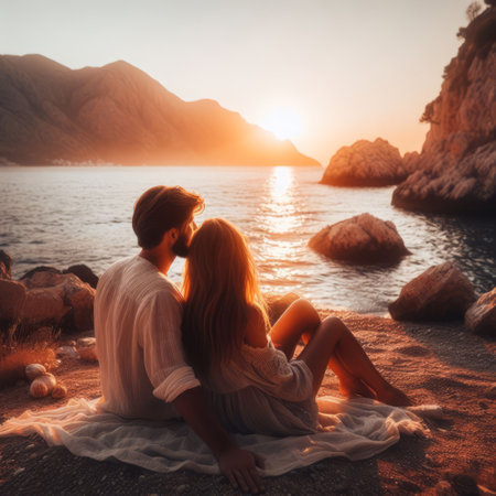 A couple sits by the sea, enjoying a serene sunset amidst mountains, embodying peace and romantic tranquilityの素材