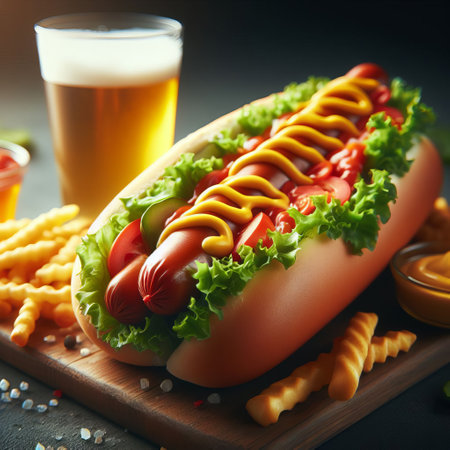 Hot dog with mustard, ketchup, lettuce and tomatoes on a wooden board. Also included is a glass of beer and friesの素材