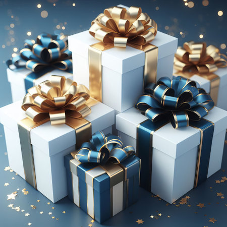 The image of a group of white gift boxes with gold and blue ribbons on a blue background adorned with gold starsの素材
