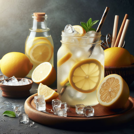 A bright jar of lemonade with lemons, ice and cinnamon sticks on a wooden tray on a dark backgroundの素材