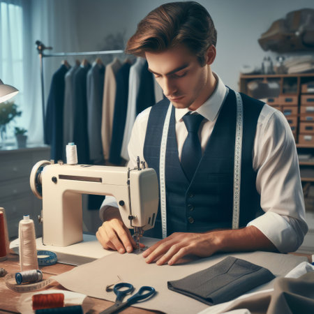 Young tailor man in vest and tie skillfully operates a sewing machine in his workshop, surrounded by tailoring tools and materialsの素材