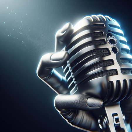 A vintage microphone held in the hand, illuminated in blue on a dark backgroundの素材