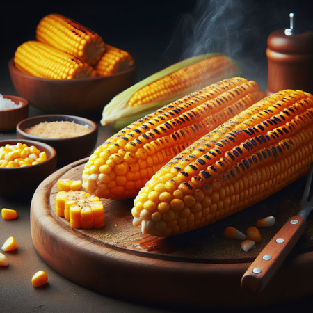 Grilled corn on the cob on a wooden cutting board with spices, emitting smoke and steam against a dark backgroundの素材