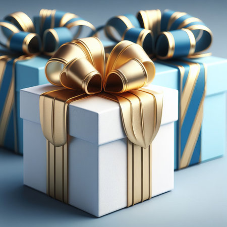 Two elegant gift boxes with gold ribbons on a solid blue background. Surprise gift conceptの素材