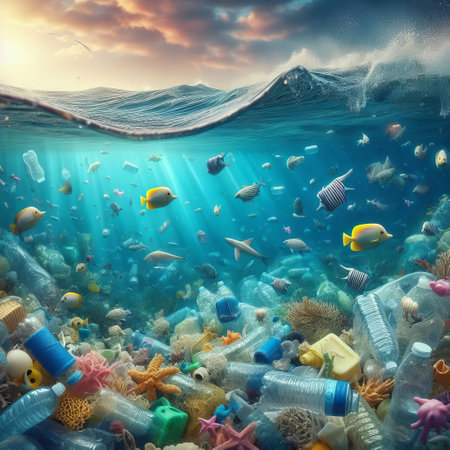 Surreal underwater scene depicting the environmental impact of plastic pollution on marine lifeの素材