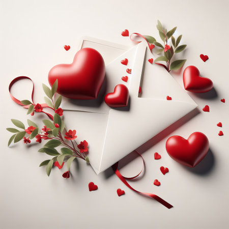 A love letter with red and white hearts and flowers scattered around it, with an open letter and a red ribbon on a white envelope. Happy Valentine's Dayの素材