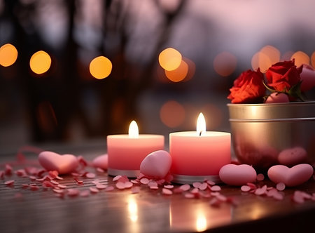 Romantic image of two pink candles, red roses, and heart confetti on a wooden table with blurred background lightsの素材