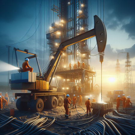 An oil drilling rig at sunset, with workers and machinery busily operating in the foregroundの素材