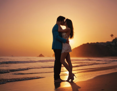 A romantic silhouette of a couple kissing on the beach at sunset, with waves crashing in the backgroundの素材