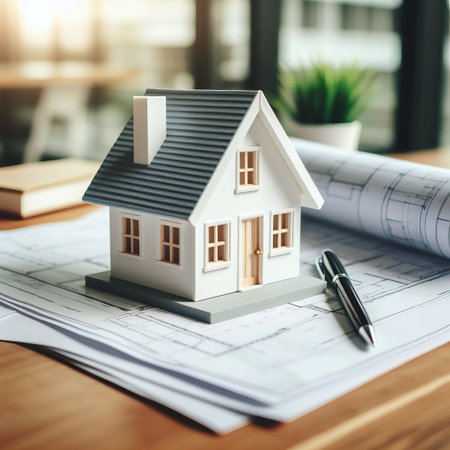 A miniature model of a house on blueprints with a pen and a plant in the background. Construction, real estate and planning conceptの素材