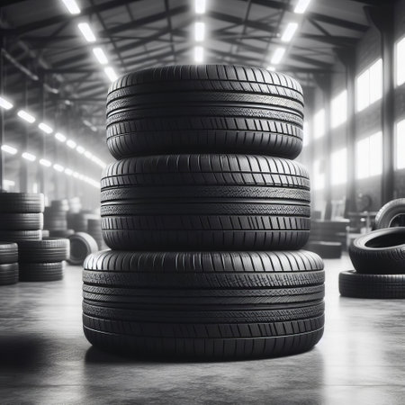 A black and white photo showcasing a pyramid stack of tires in an industrial warehouse settingの素材