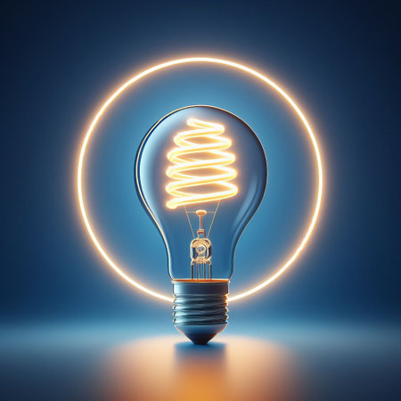 A photo-realistic image of a glowing spiral filament within a light bulb, set against a gradient blue backgroundの素材
