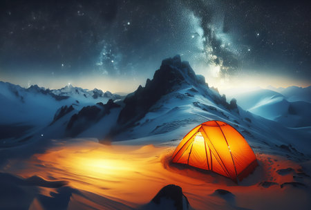 A photorealistic image of a glowing tent on a snowy mountain under the starry night sky with the Milky Wayの素材