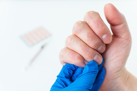 A hand with diseased skin being examined with a gloved hand. The background is white, the medicine is depicted in the backgroundの写真素材