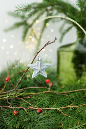 A silver star Christmas ornament hanging on a branch with red berries and greenery in the background. New Year and Christmas conceptの写真素材