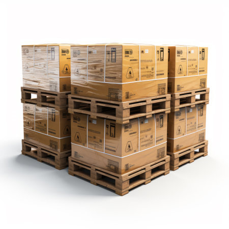 Stack of Cardboard Boxes on Wooden Pallets. Stack of brown cardboard boxes neatly arranged. Pallets are stacked on top of each other against a white background. Concept to storage, shipping, logisticsの素材