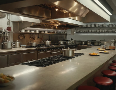 Professional kitchen interior with stainless steel cookware, stovetops, and bar stoolsの素材