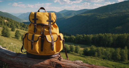 Yellow backpack on a log with a stunning mountain view in the background, symbolizing adventure and travelの素材