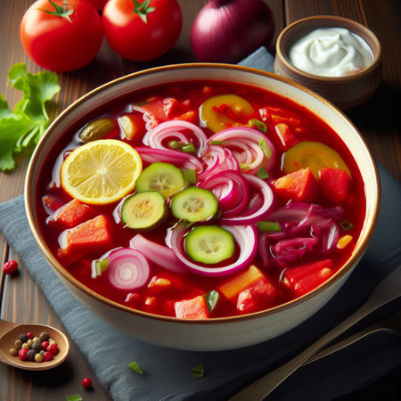 A bowl of tomato soup with various vegetables and a lemon slice on top. The soup is in a white bowl on a wooden table with tomatoes, onions, and a bowl of sour cream in the backgroundの素材