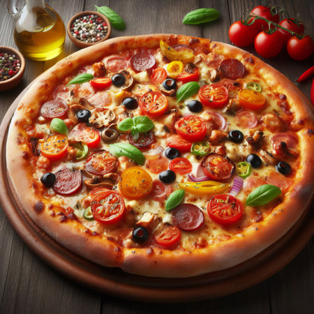 A delicious looking pizza with a variety of toppings on a wooden table. The pizza is surrounded by fresh ingredients and a bottle of olive oilの素材