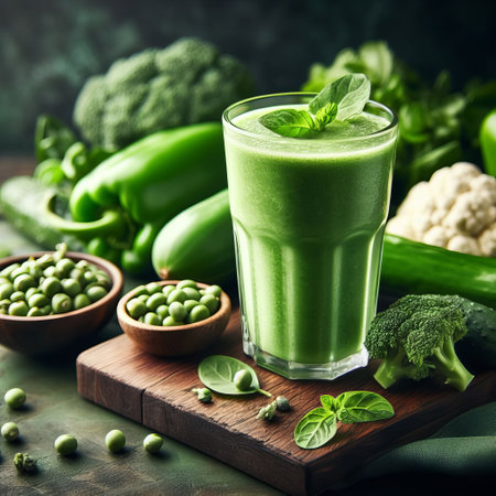 This is a photo of a green smoothie in a tall glass on a wooden cutting board with various green vegetables and herbs surrounding it. The smoothie is healthy, nutritious, vegan a drinkの素材