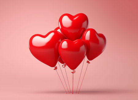 This is a bunch of red heart-shaped balloons on a pink background. The balloons are glossy and shiny. Valentine's day holiday conceptの素材