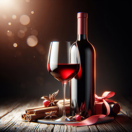 Elegant wine setting with a filled glass, bottle, spices, and ribbon on a rustic wooden surface, illuminated by soft lightingの素材