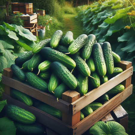 A wooden crate filled with fresh cucumbers in a garden setting. The cucumbers are green and appear to be recently harvestedの素材