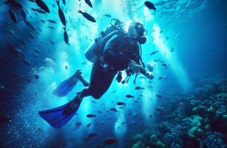 A scuba diver swims among a school of fish in a deep blue ocean. The diver is wearing a black wetsuit, blue fins, and a regulatorの素材