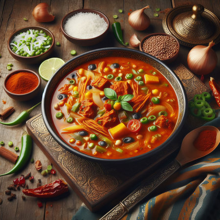 A vibrant bowl of spicy Asian soup, surrounded by fresh ingredients and spices on a wooden tableの素材